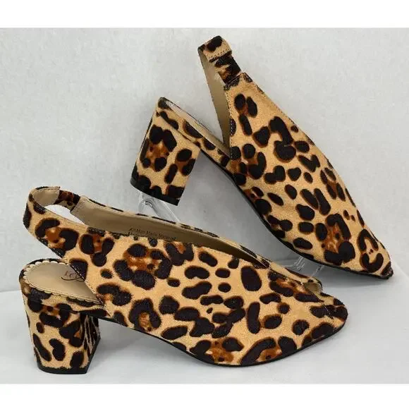 EY Boutique NWOT Leapard Print Open Toe Sling Back Chunky Heels T4708 7M - Picture 2 of 8